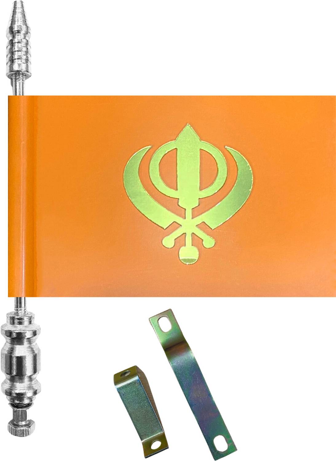 Sikh Khanda Car Bonnet Flag with Silver Metal Rod Car Window Flag 13.0 cm x 17.8 cm by Almoda Creations