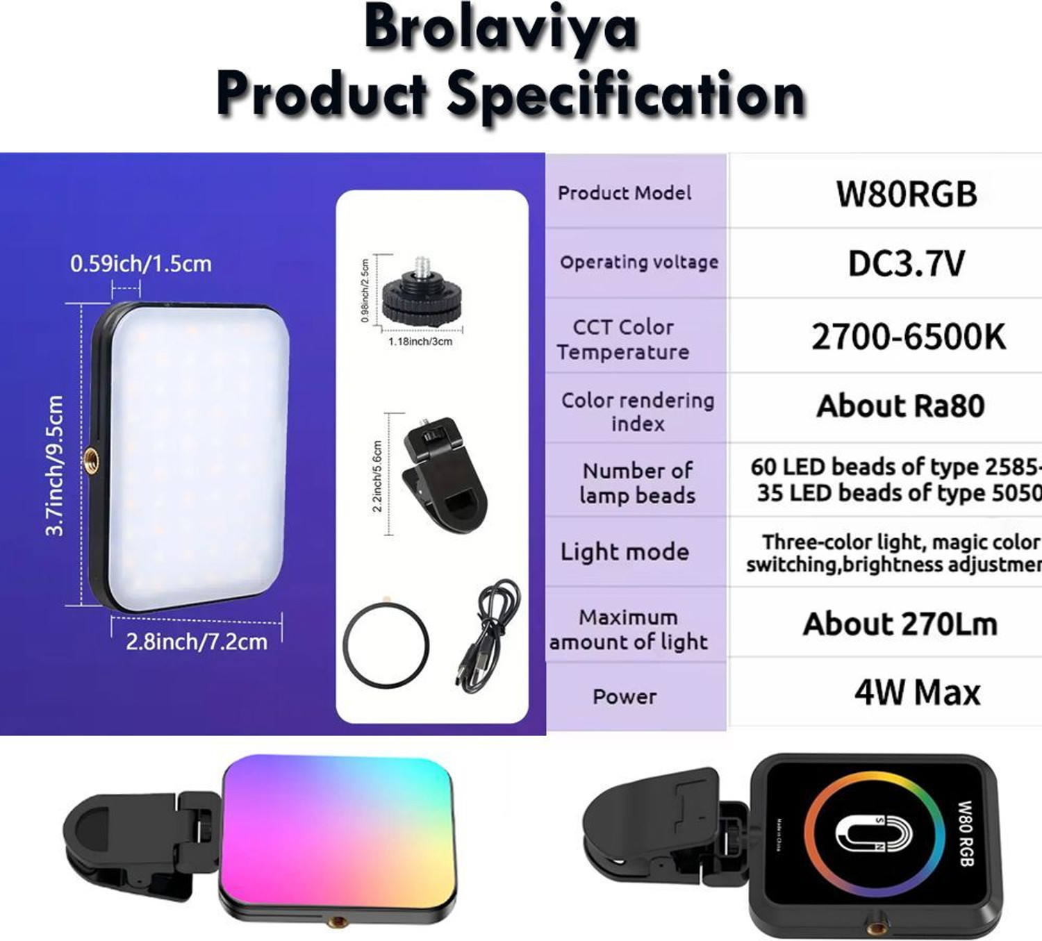Image of BROLAVIYA W80 Magnetic Fill Light Rechargeable 3 Modes /RGB Adjustable Color Temperature Flash
