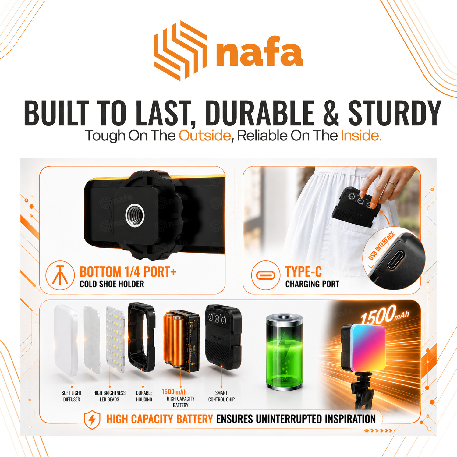 Image of NAFA Halyo Chroma RGB LED Video Fill Light for Camera & Mobile, 1500mAh Battery Flash