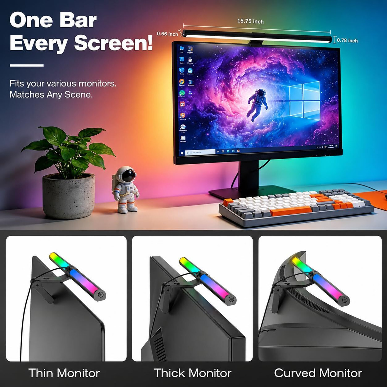 Image of XERGY Monitor Light Bar, Front White, RGB Backlight, Dimmable Eye-Care Lamp 15.75 inch Flash