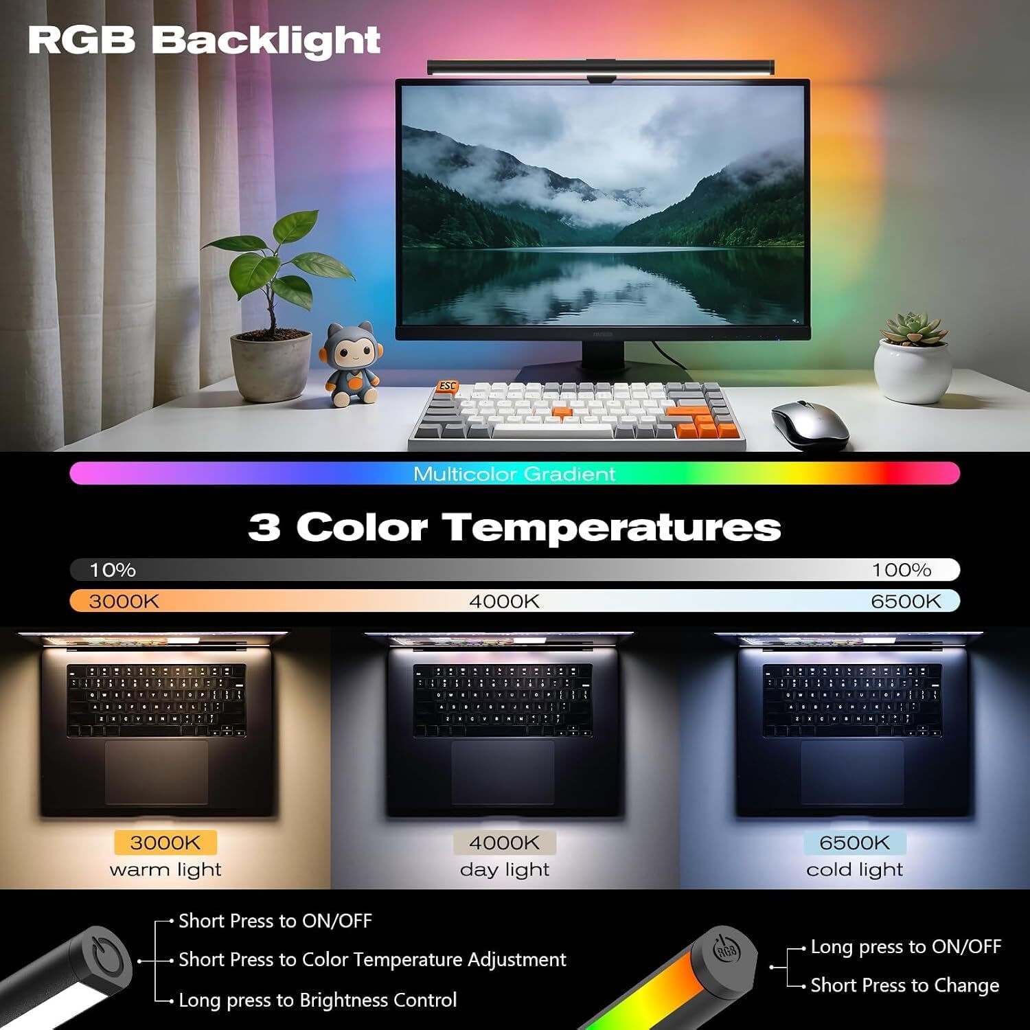 Image of XERGY Monitor Light Bar, Front White, RGB Backlight, Dimmable Eye-Care Lamp 15.75 inch Flash