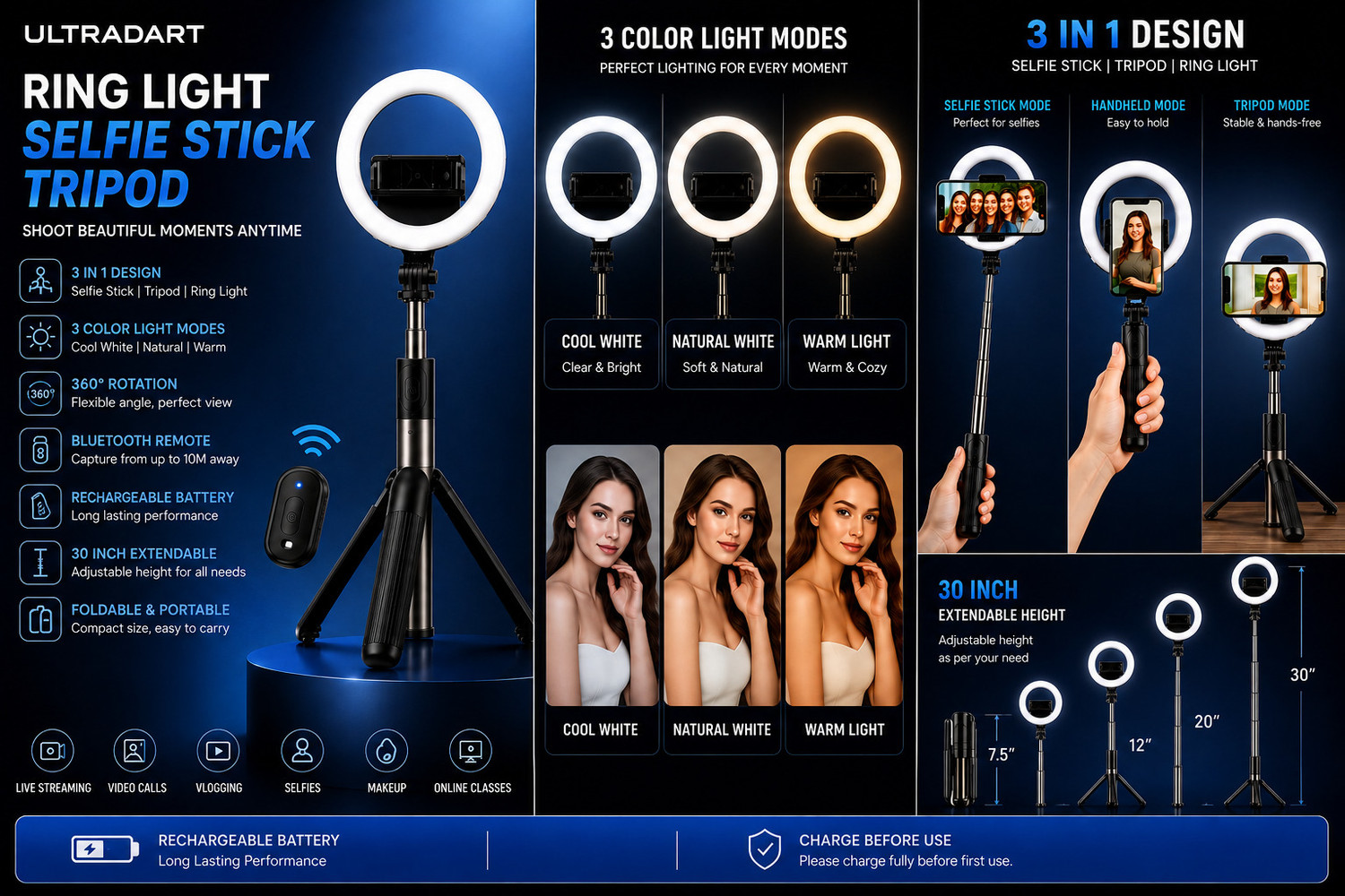 Image of ULTRADART Selfie Stick Tripod with Rechargeable Ring Light & Remote Cable Selfie Stick