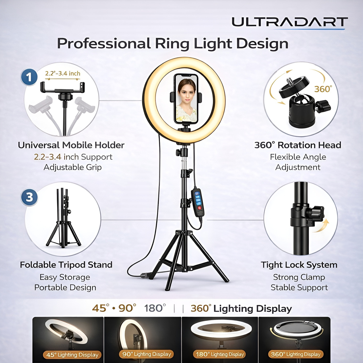 Image of ULTRADART Studio 12 Inch Ring Light with Stand for Video Recording & Makeup Ring Flash