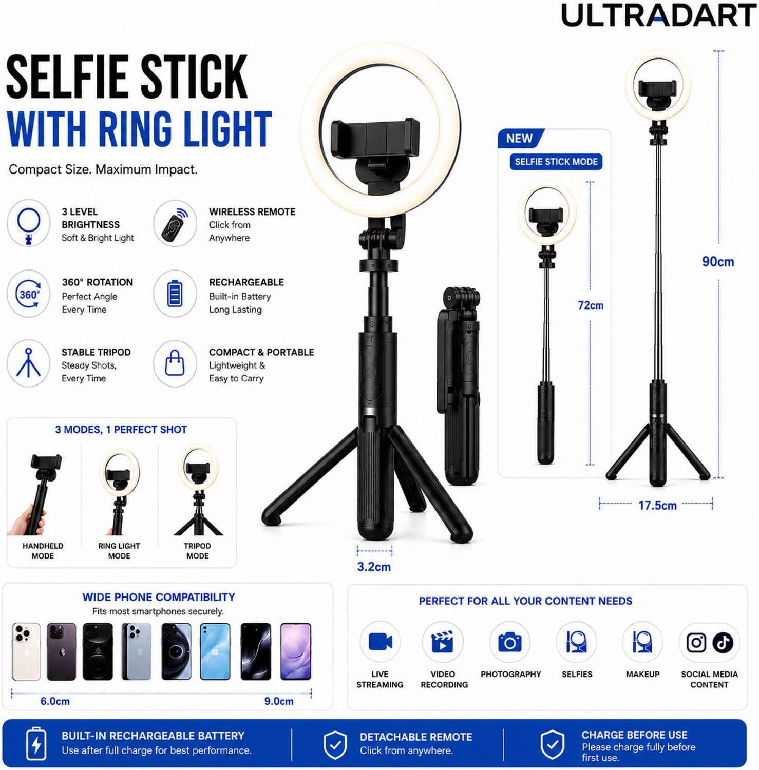 Image of ULTRADART Selfie Stick Tripod with Rechargeable Ring Light & Remote Cable Selfie Stick