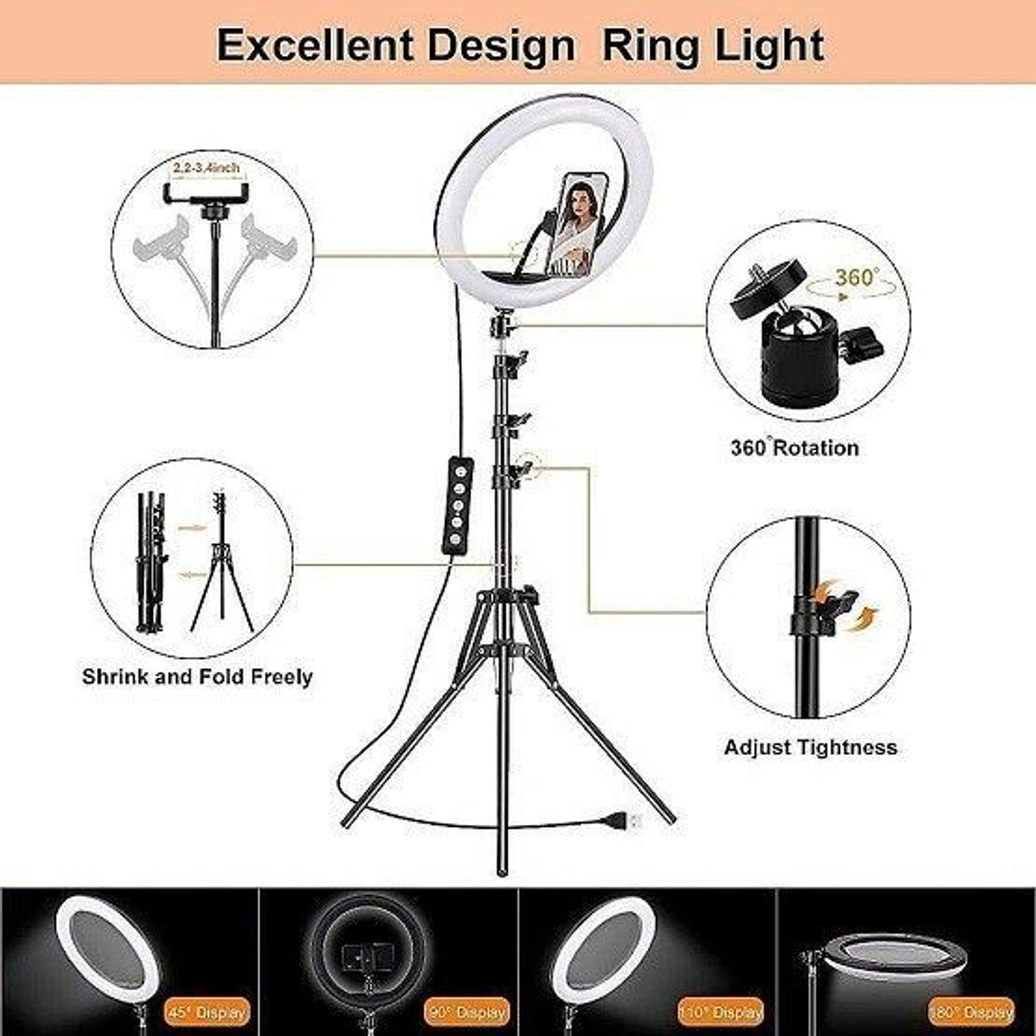 Image of PKST 10 inch Selfie LED Ring Light, Phone Holder, 7 Feet Long Stand, 360 Degree Kit Ring Flash