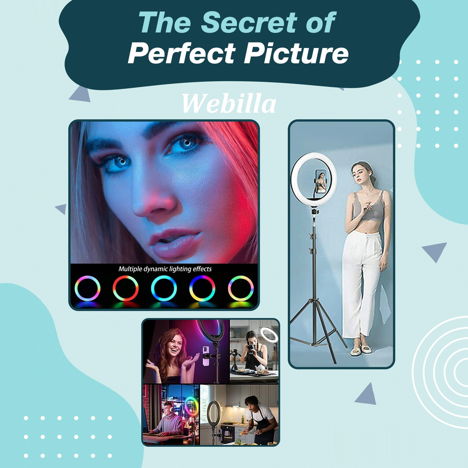Image of Webilla 10'' RGB LED Ring Light with Adjustable Tripod Stand and Phone Holder Ring Flash
