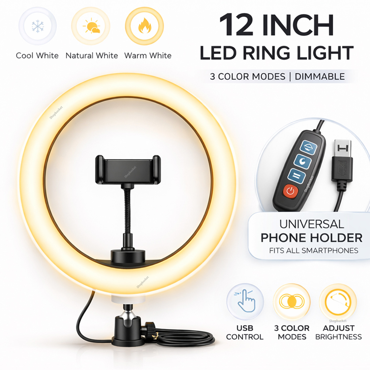 Image of shopbucket 12 Inch LED Ring Light & 3 Mode for Mobile Video Makeup, YouTube, Selfie Light Ring Flash