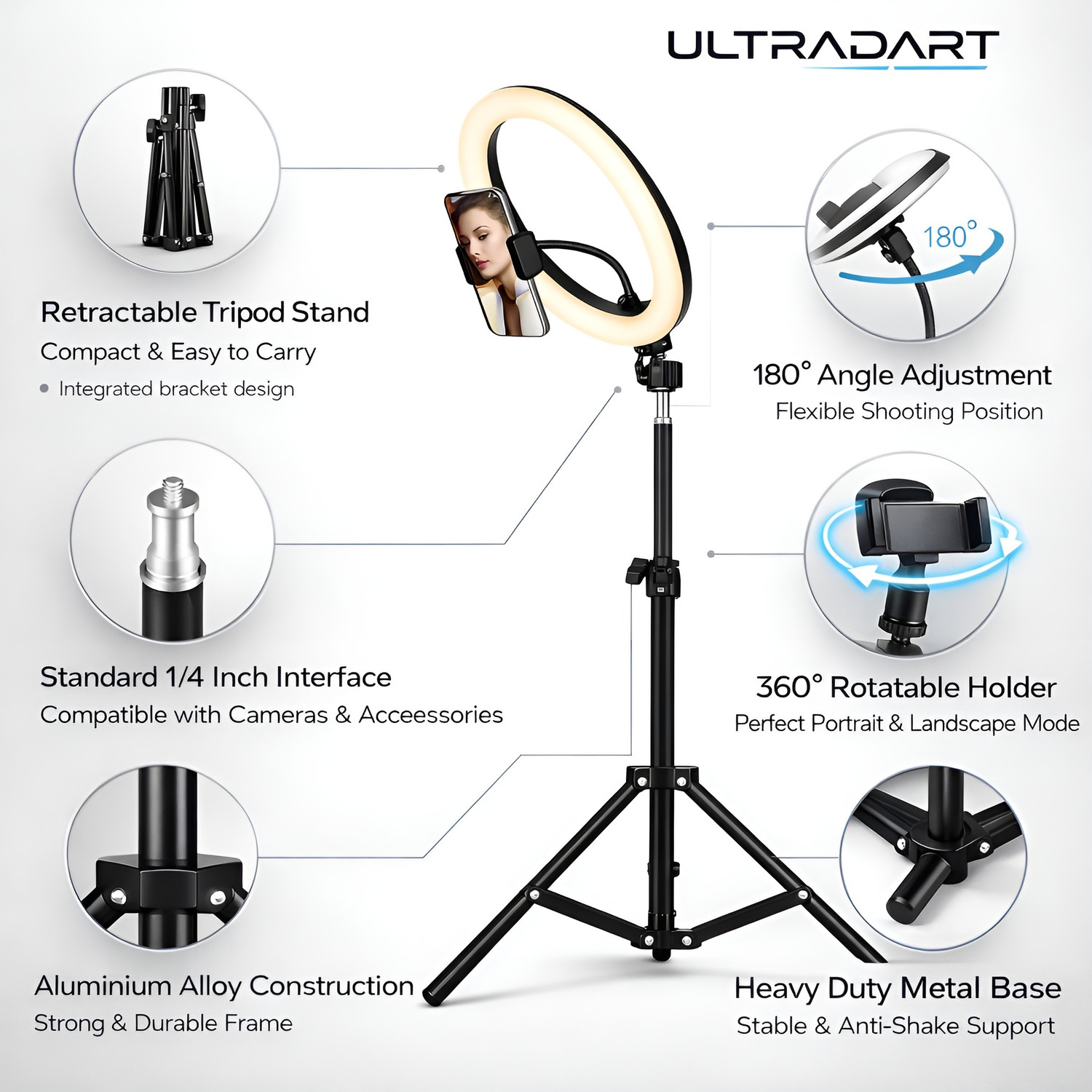 Image of ULTRADART 12 Inch Ring Light with Stand & Mobile Holder for YouTube Video Shooting Ring Flash