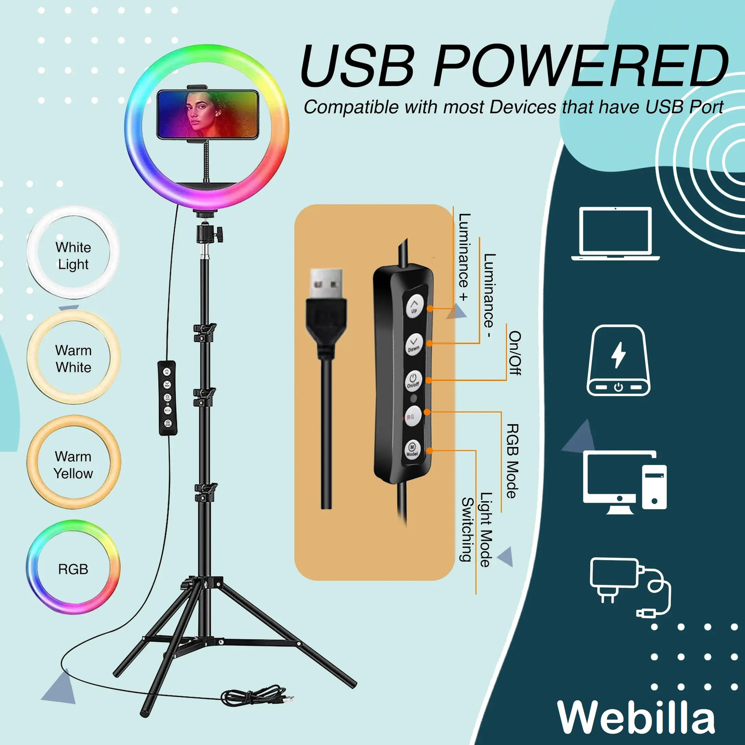 Image of Webilla 10'' RGB LED Ring Light with Adjustable Tripod Stand and Phone Holder Ring Flash