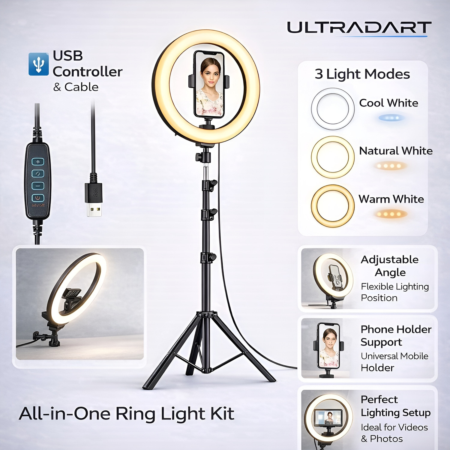 Image of ULTRADART 12 Inch Ring Light with Stand & Mobile Holder for YouTube Video Shooting Ring Flash