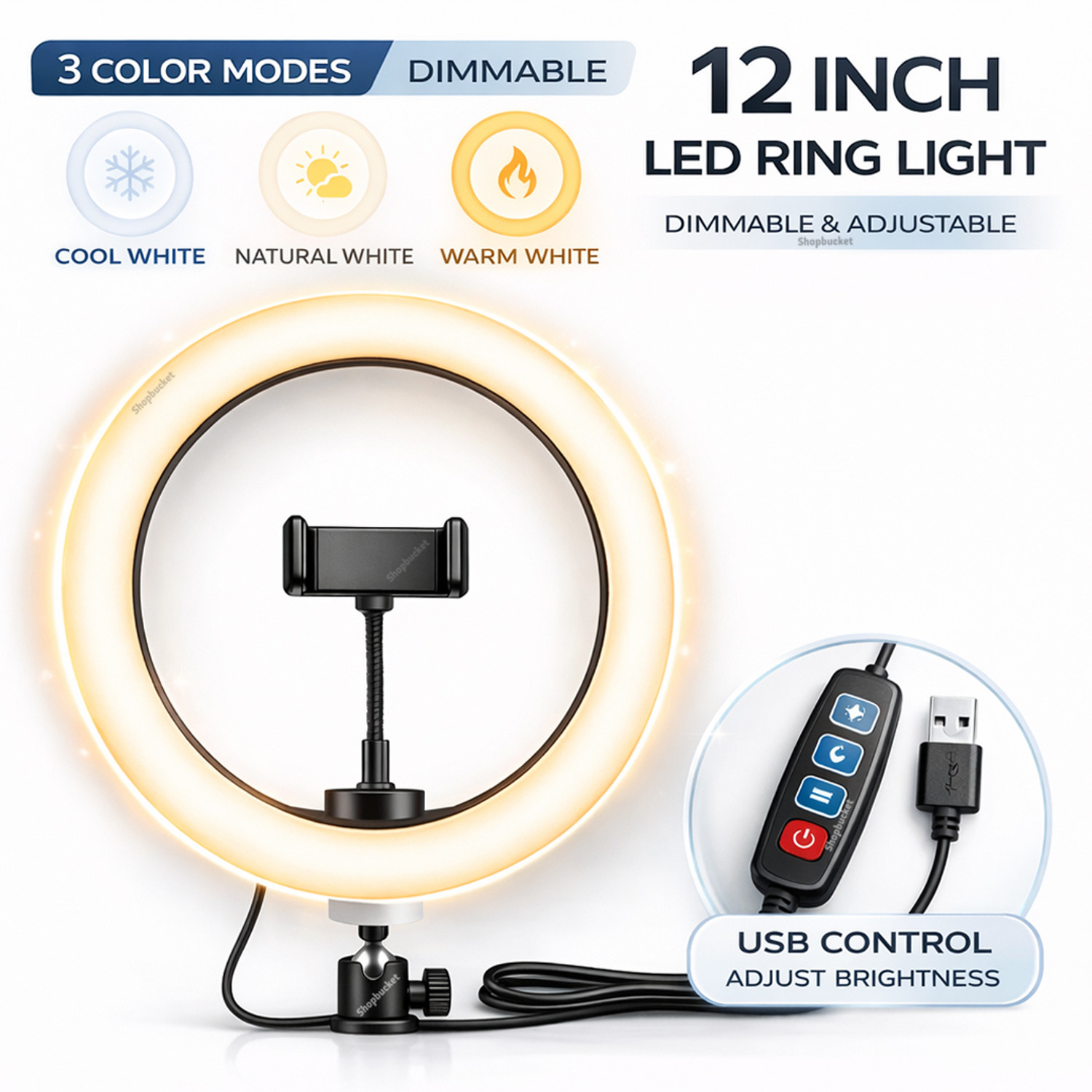 Image of shopbucket 12 Inch LED Ring Light & 3 Color Mode for YouTube Video, Mobile Video Makeup Ring Flash