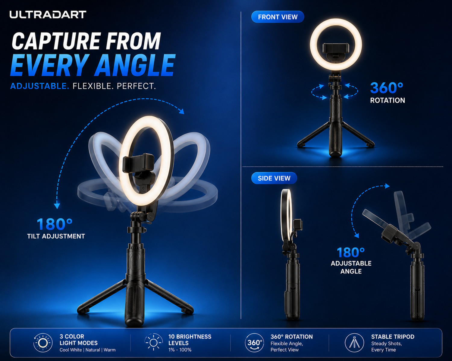 Image of ULTRADART Selfie Stick Tripod with Rechargeable Ring Light & Remote Cable Selfie Stick