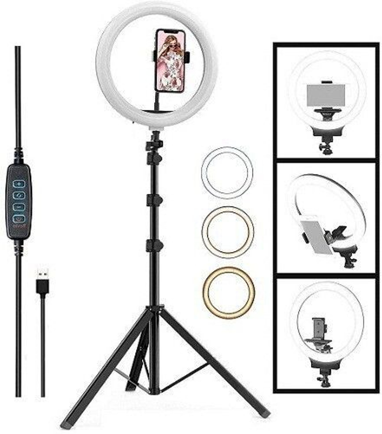 Image of PKST 10 inch Selfie LED Ring Light, Phone Holder, 7 Feet Long Stand, 360 Degree Kit Ring Flash