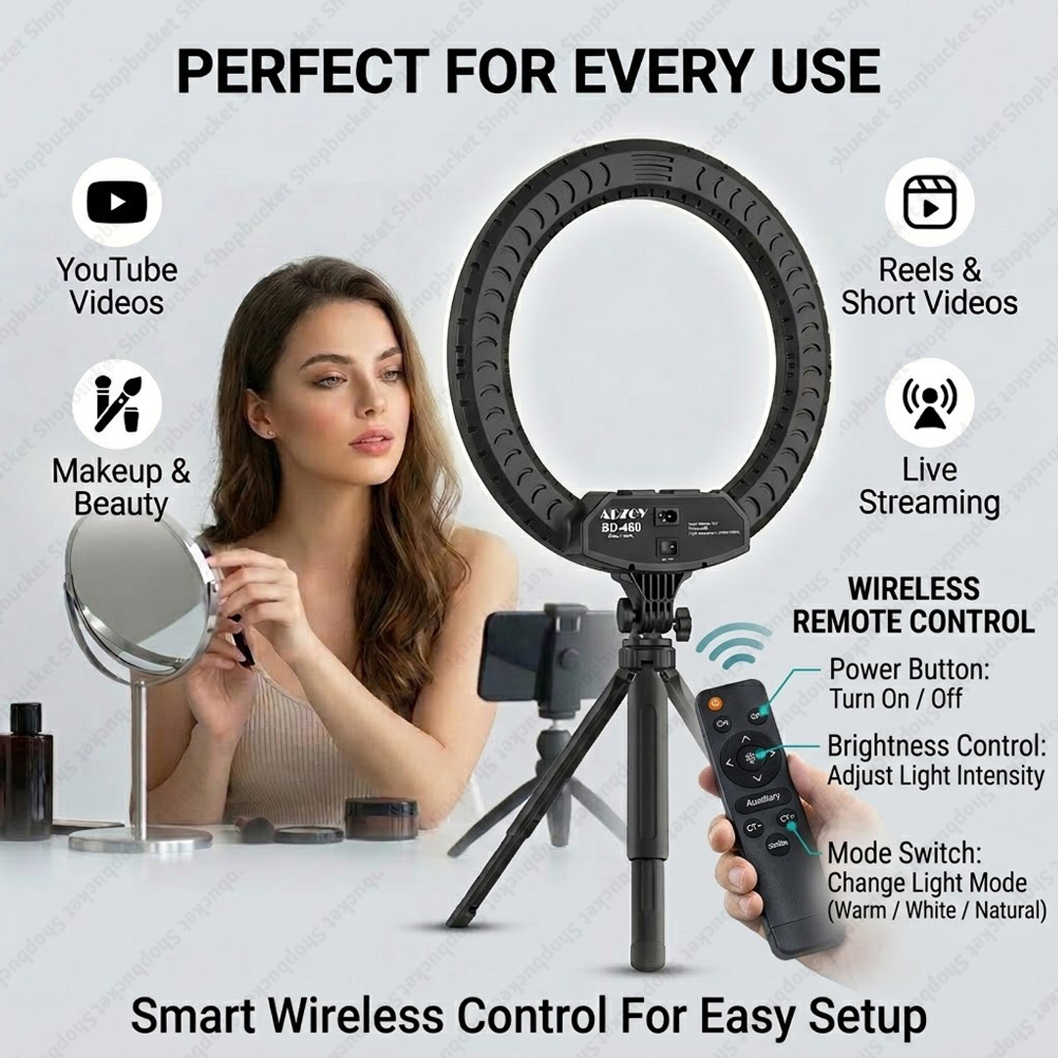 Image of SB 18 Inch Ring Light Remote Control with 7 Ft Steel Stand for YouTube, Reel Ring Flash