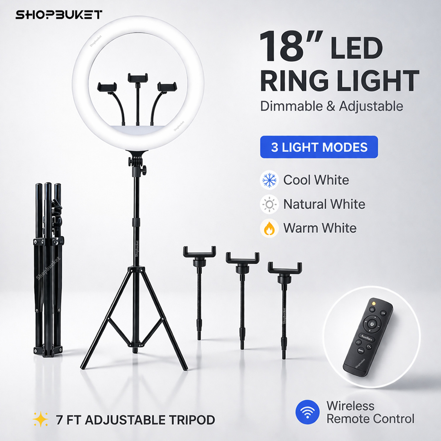 Image of SB 18 Inch Ring Light 7 Ft Tripod Stand for Video Shooting Ring Flash (White)