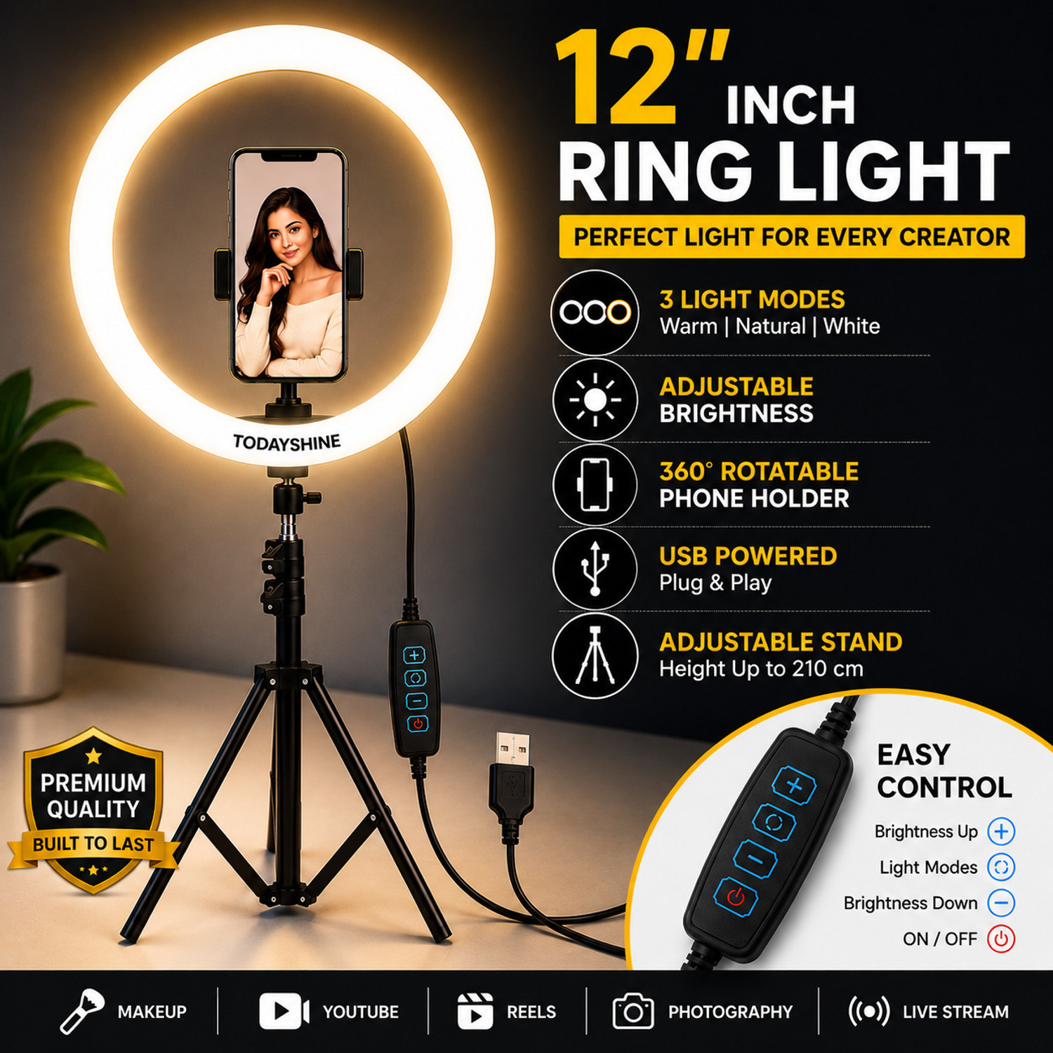 Image of Todayshine 12 Inch LED Ring Light with 7 Feet Stand for Mobile photography makeup Ring Flash