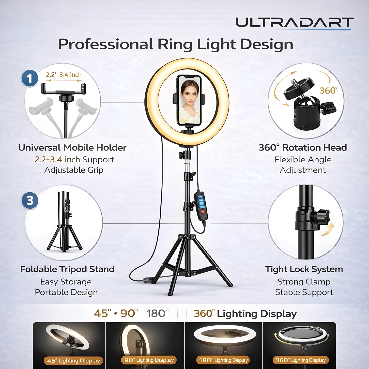 Image of ULTRADART Studio 14 Inch Ring Light with Stand for Makeup & Video Recording Ring Flash