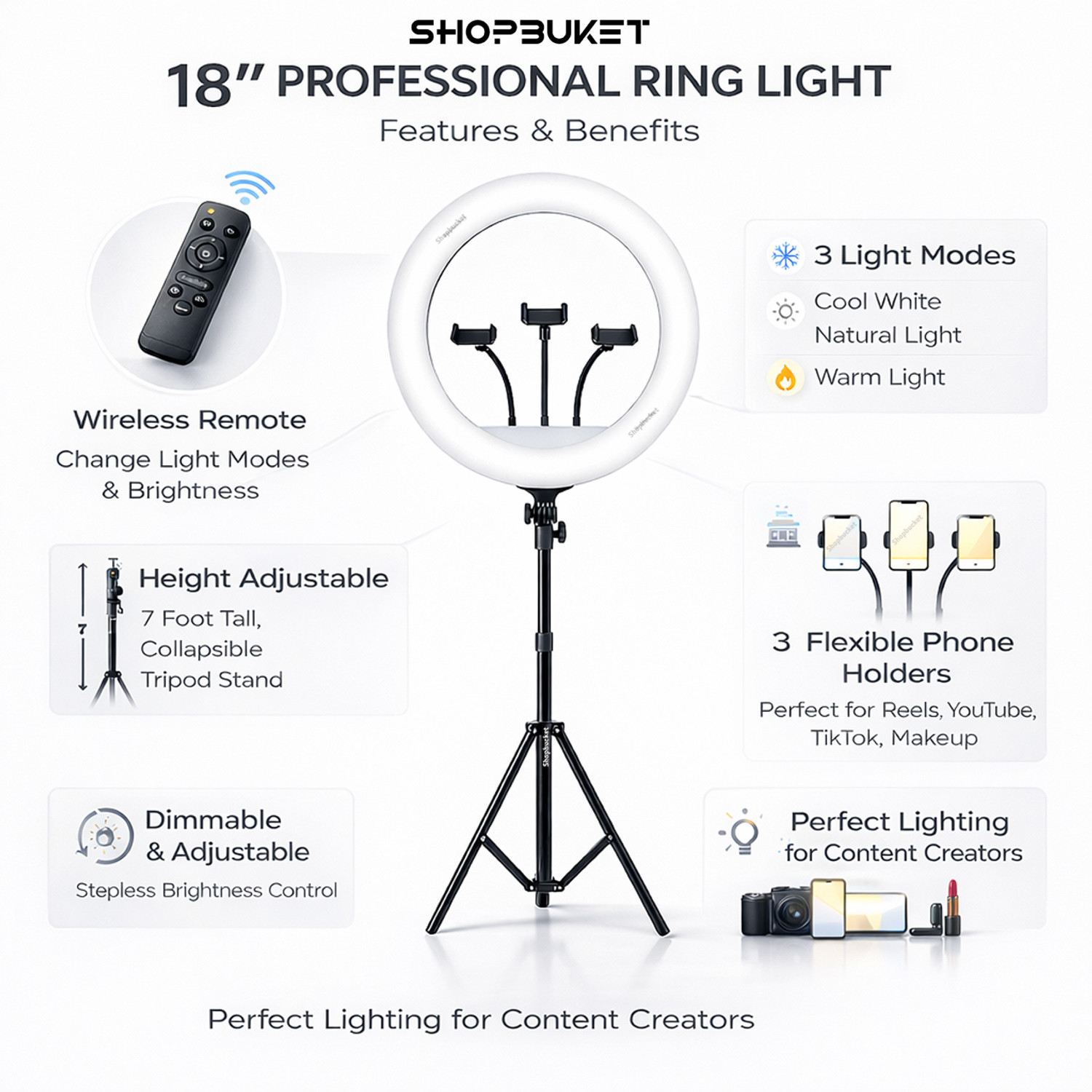 Image of SB 18 Inch LED Ring Light Remote Control with 7 Ft Tripod Stand for Live Streaming Ring Flash