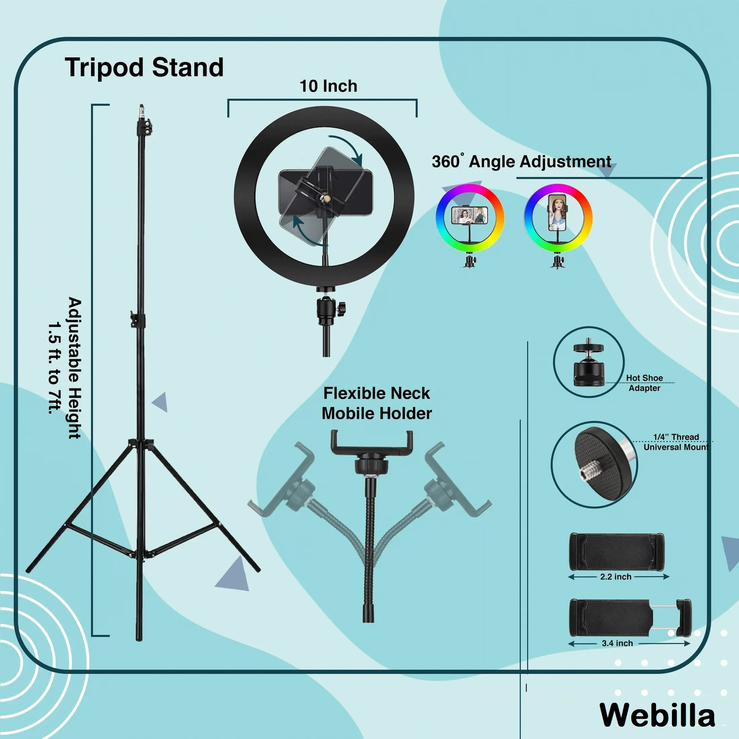 Image of Webilla 10'' RGB LED Ring Light with Adjustable Tripod Stand and Phone Holder Ring Flash