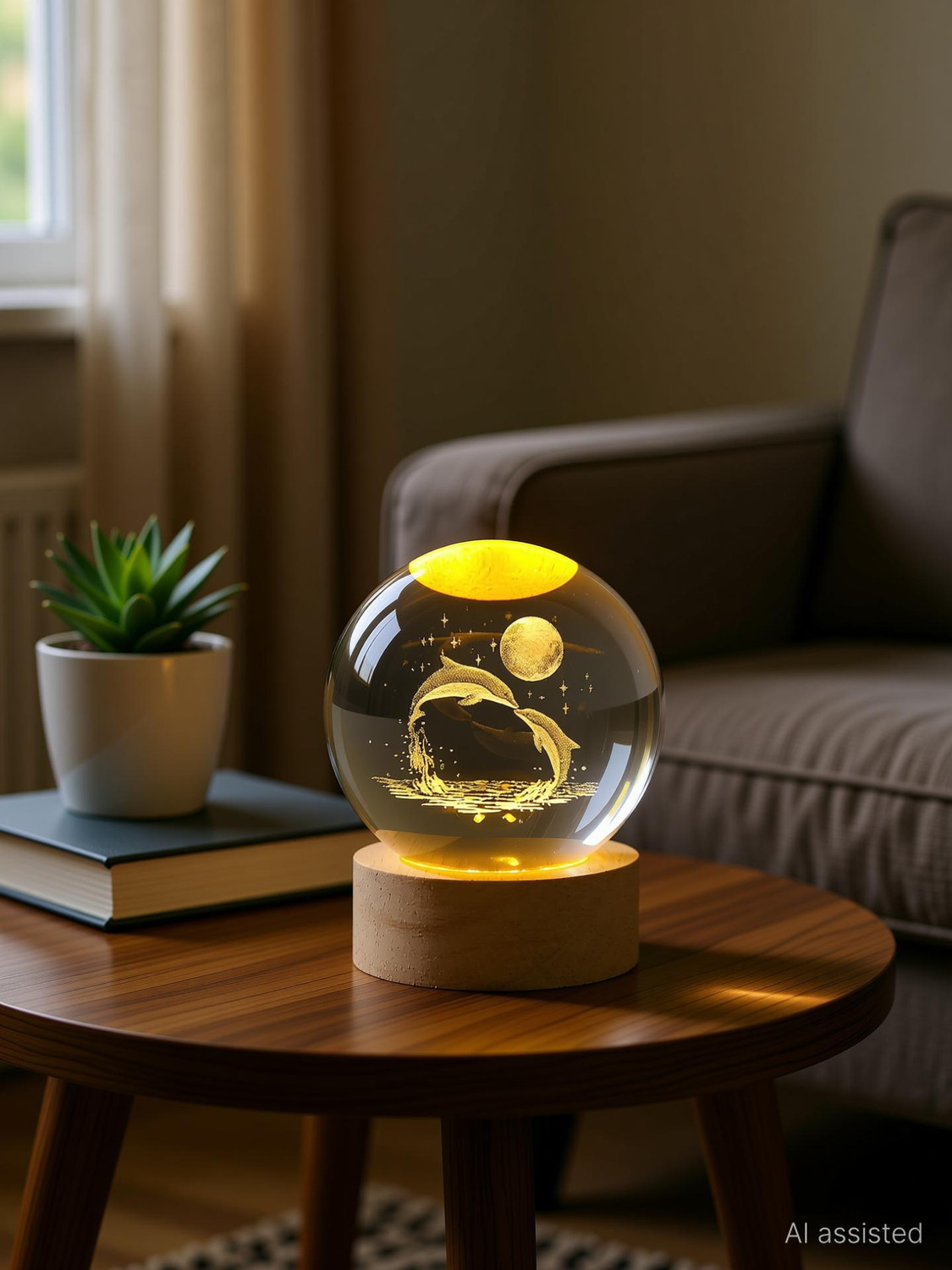 Image of ECOBSY Dolphin 3D Crystal Ball Night Light with Wooden Base 2.4 Inch Glass Ball Night Lamp