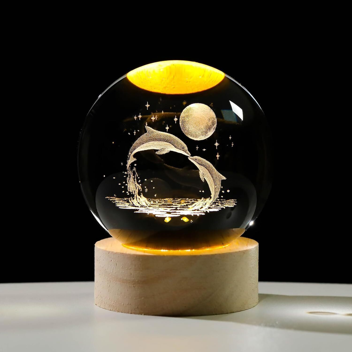 Image of ECOBSY Dolphin 3D Crystal Ball Night Light with Wooden Base 2.4 Inch Glass Ball Night Lamp