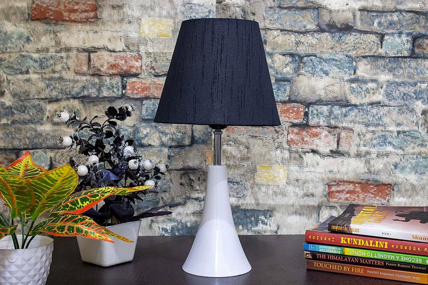 Aswal Handicraft White Metal Base with Black Silk Fabric Shade Ta