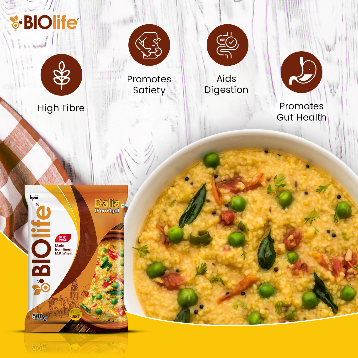 Image of BIOLIFE Natural Wheat Daliya /Porridge Made From MP Wheat High in Fiber & Rich in Protein