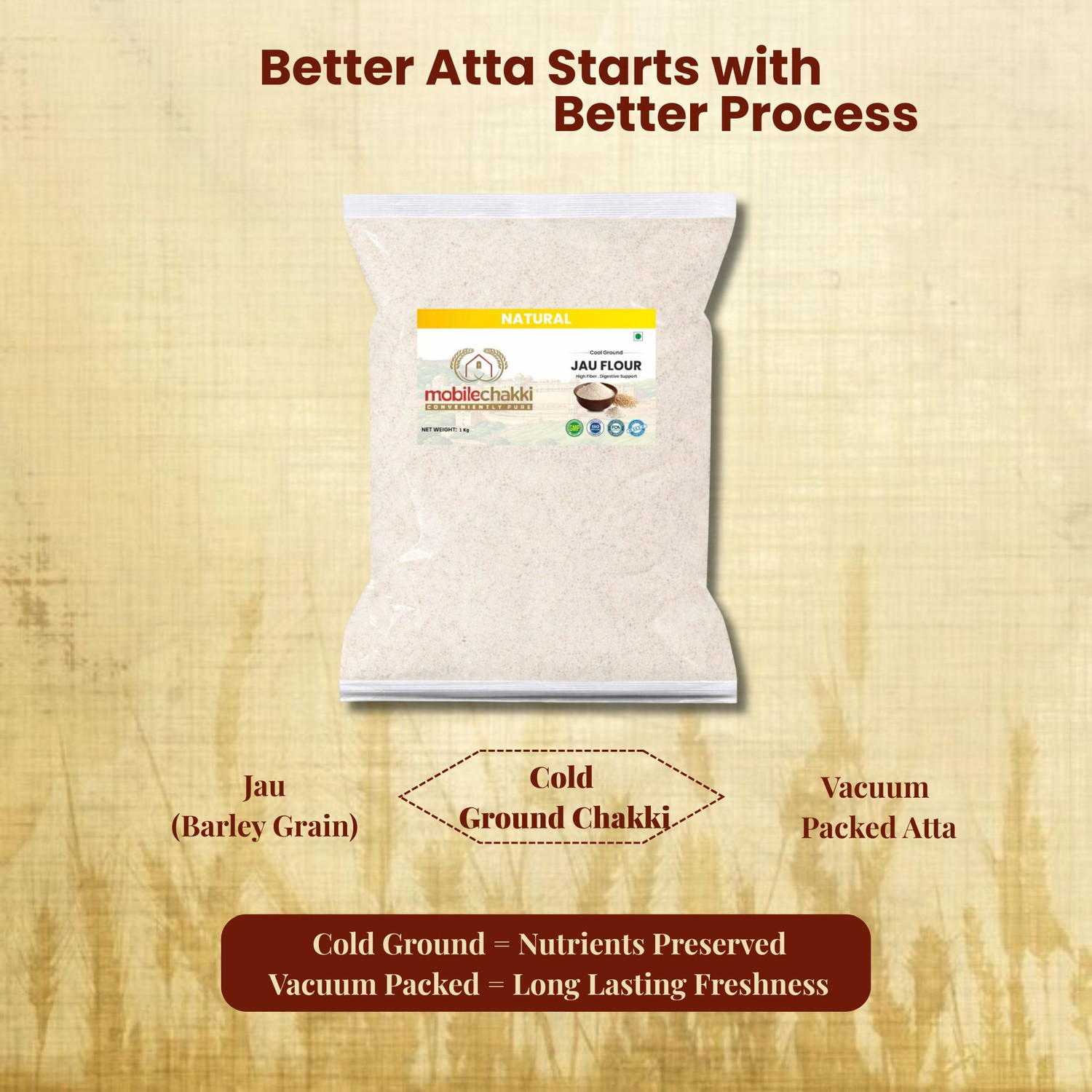 Image of MOBILE CHAKKI Premium Jau Atta | Barley Flour | Low GI & High Fiber Healthy Flour