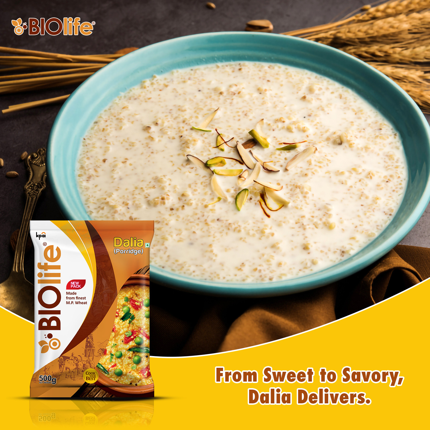 Image of BIOLIFE Natural Wheat Daliya /Porridge Made From MP Wheat High in Fiber & Rich in Protein