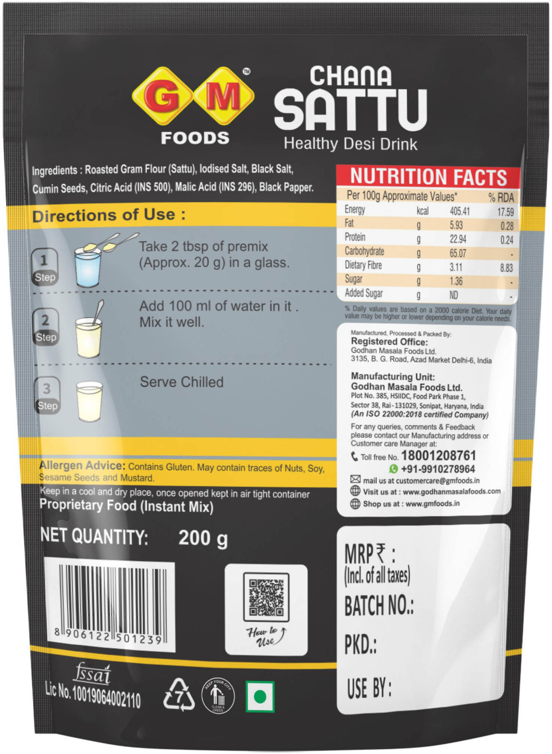 Image of GM FOODS Salty Chana Sattu Flour 200g Sattu Powder for Summer Drink