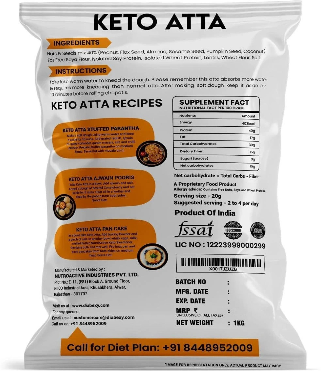 Image of NUTROACTIVE Keto Atta (1g Net Carb Per Roti ) Extremely Low Carb Flour - 1kg