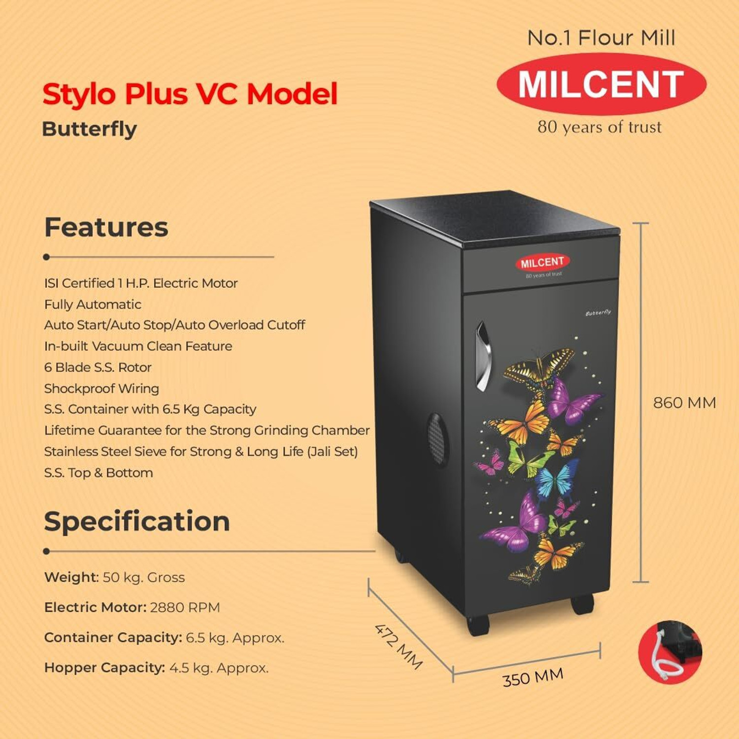 Image of MILCENT Stylo Plus VC Atta Chakki 1HP 6.5kg Vacuum Clean Butterfly Automatic Flour Mill Flourmill