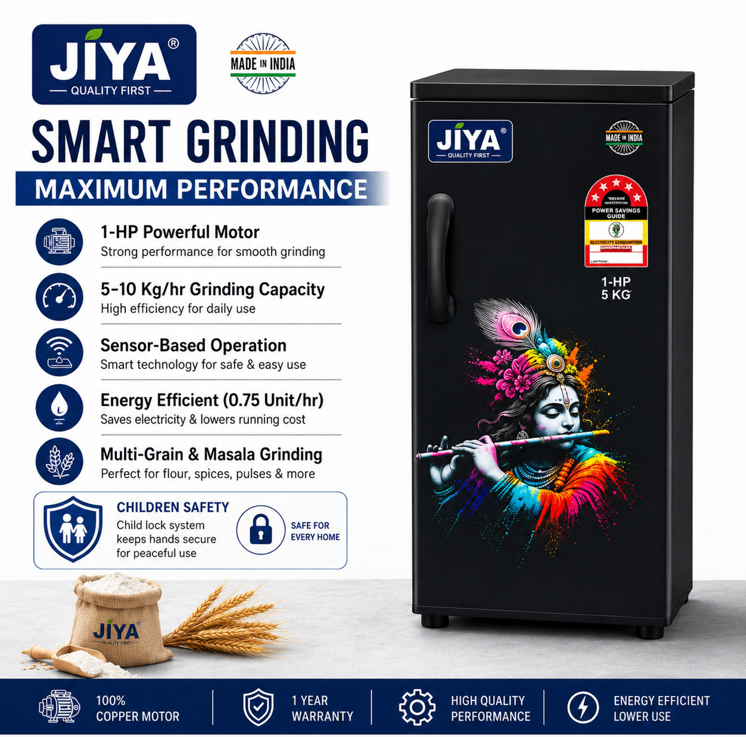 Image of Jiya Automatic Atta Chakki for Home 1 HP | Domestic Flour Mill with 5 Kg Hopper | Multipurpose Grain Grinder Machinefor Home Flourmill