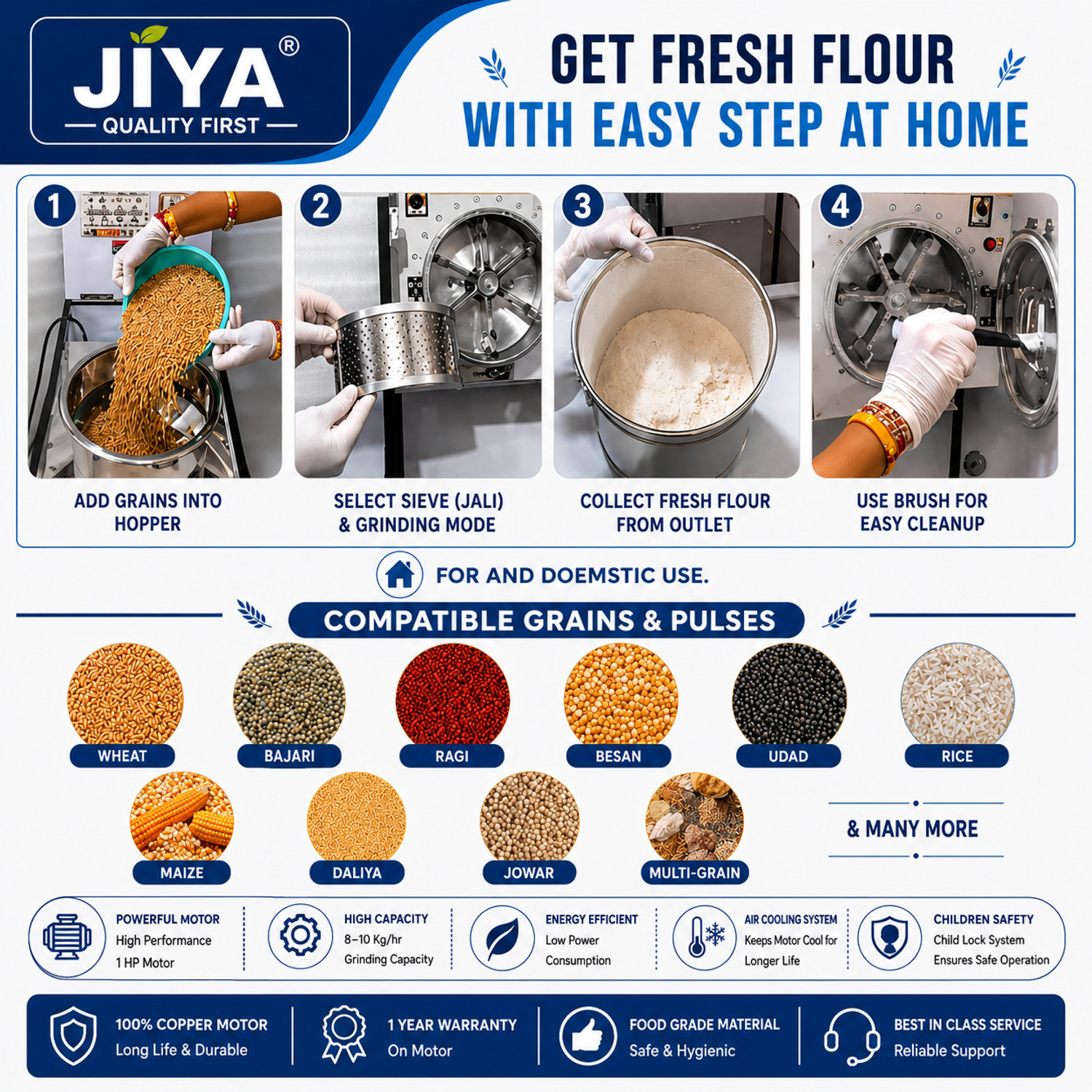 Image of Jiya Automatic Atta Chakki for Home 1 HP | Domestic Flour Mill with 5 Kg Hopper | Multipurpose Grain Grinder Machinefor Home Flourmill