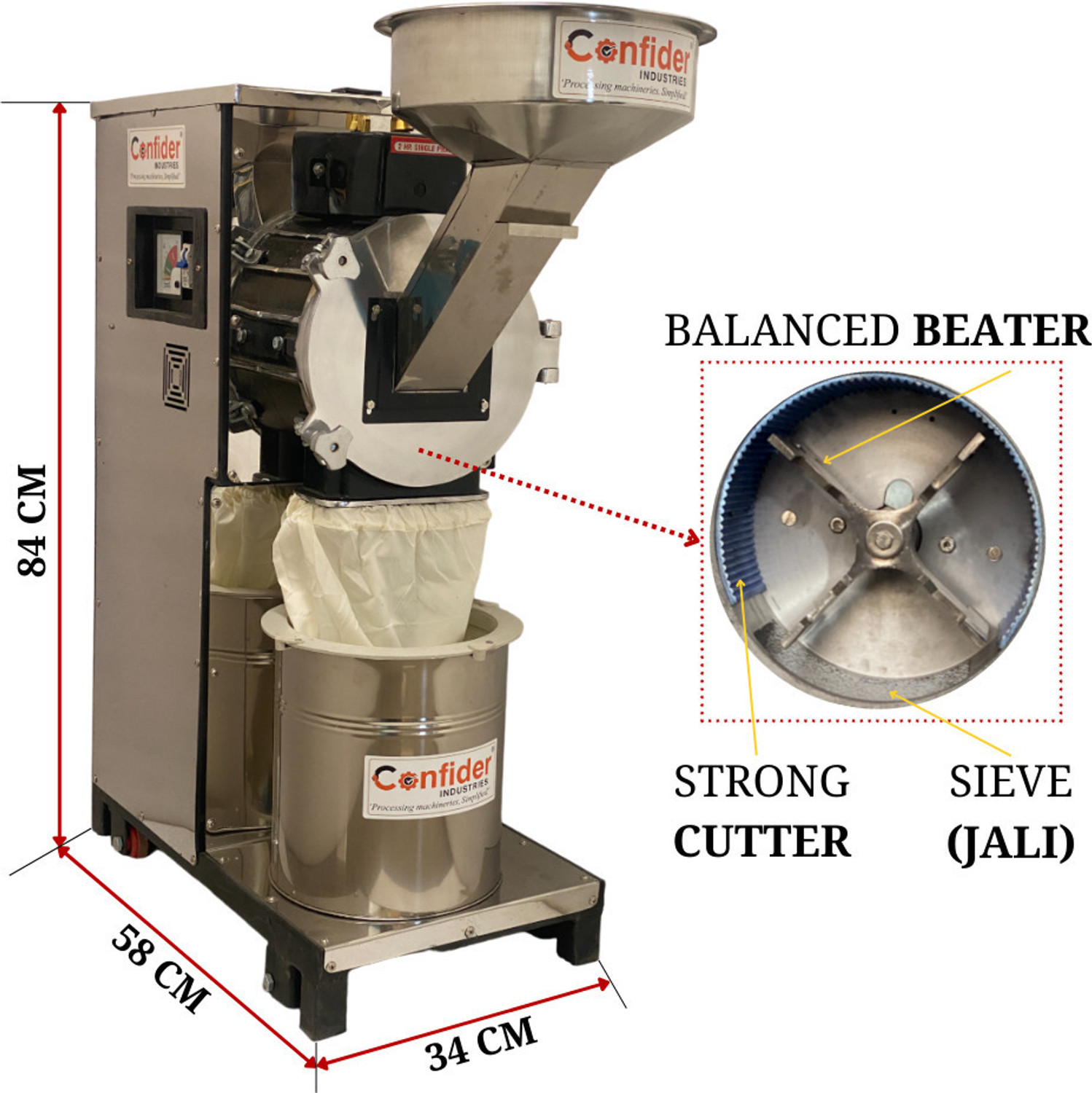 Image of Confider industries Ultrafine Pulveriser | Stainless Steel Body | With Rolling Wheels | 15 kg /hr | SS2in1 Pulverizer, 2HP, Flour mill, Atta chaki for Grains and Spices Flourmill
