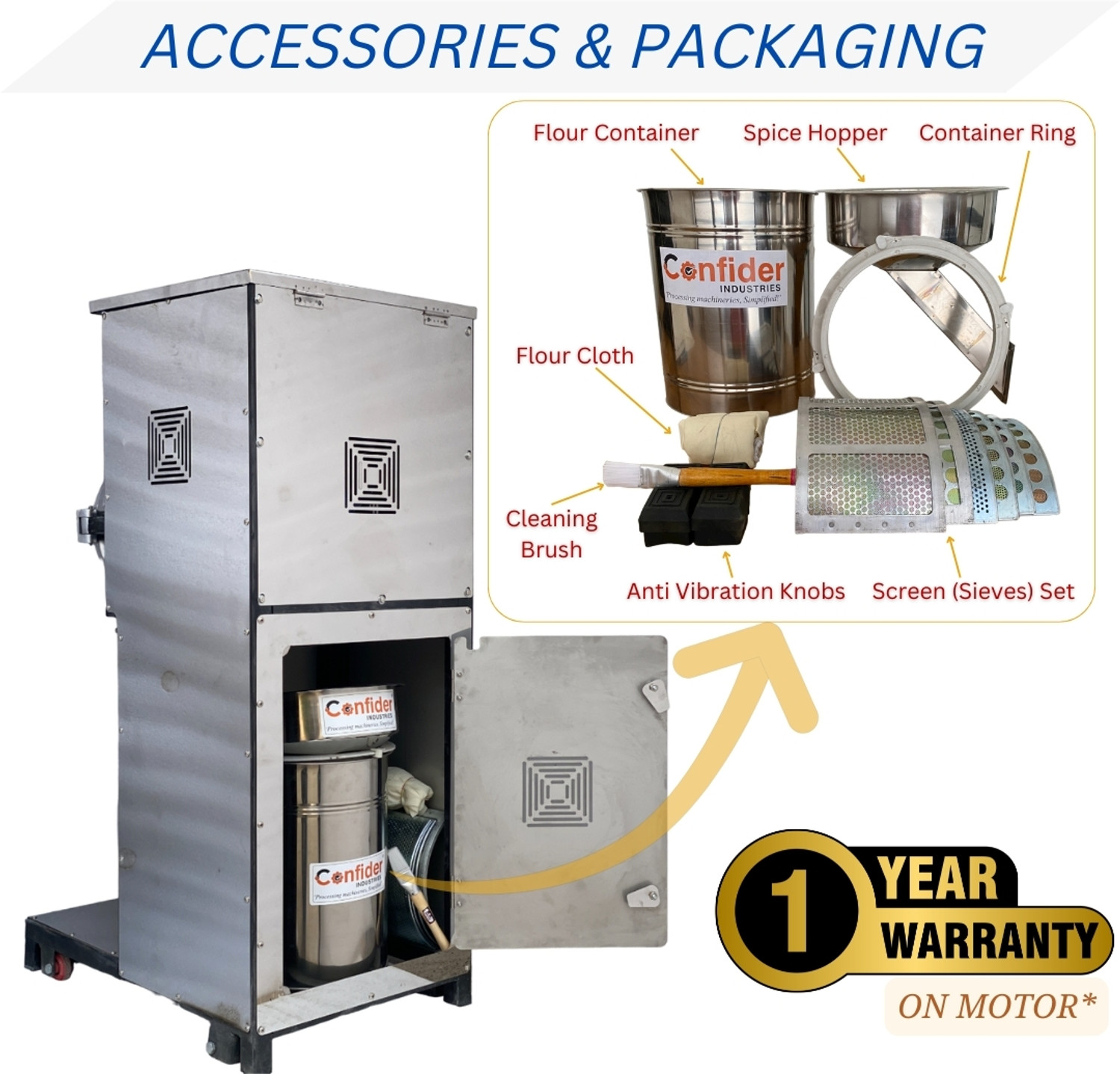 Image of Confider industries Ultrafine Pulveriser | Stainless Steel Body | With Rolling Wheels | 15 kg /hr | SS2in1 Pulverizer, 2HP, Flour mill, Atta chaki for Grains and Spices Flourmill