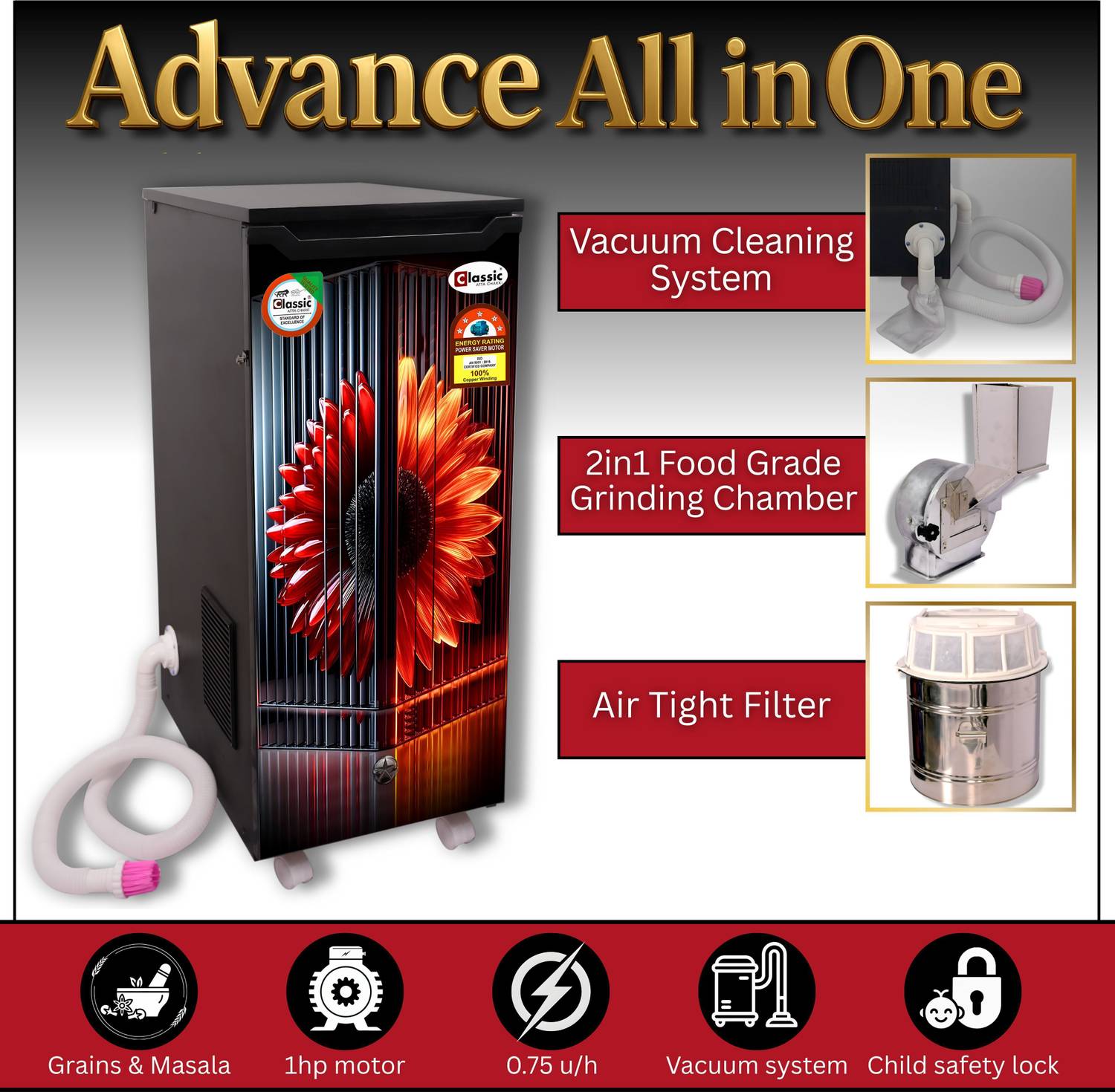 Classic Atta Chakki 1HP Gharghanti 2in1 atta chakki with Vacuum