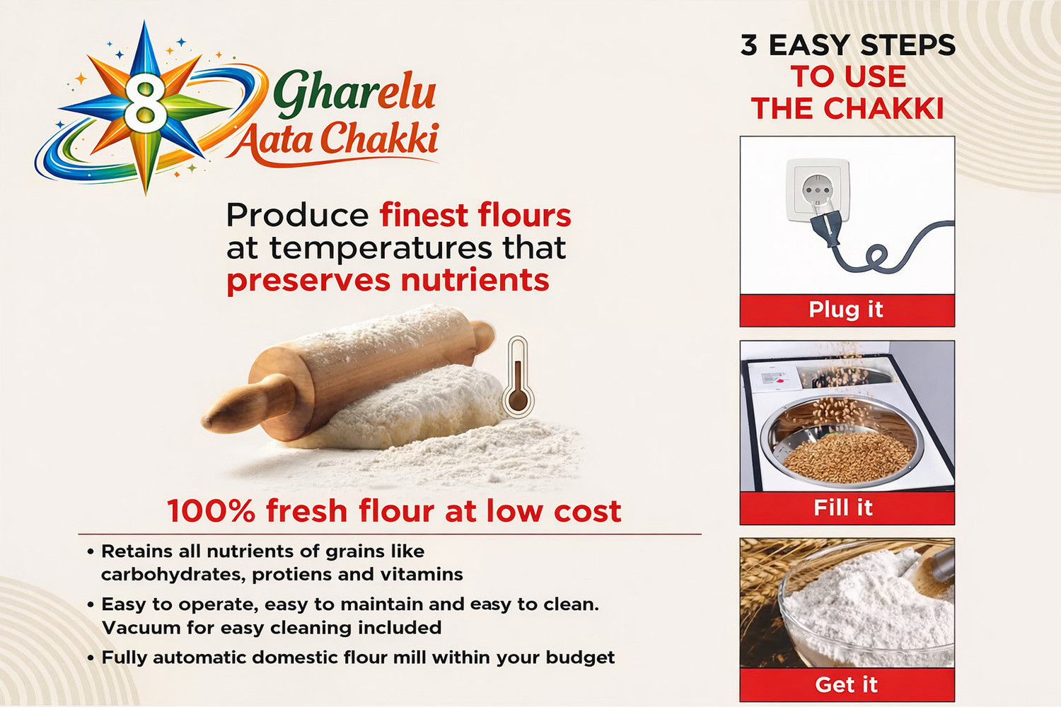 Image of 8Star Neon Red Rose Fully Automatic Domestic Ghar Ghanti,Aata Chakki,Aata Flourmill Classic Flower 1 Hp Gharelu Aata Chakki,Ghar Ghanti Flourmill