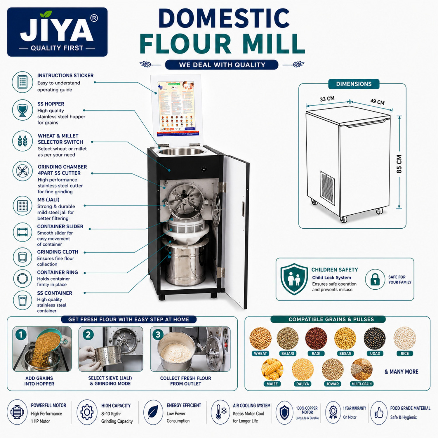 Image of Jiya Automatic Atta Chakki for Home 1 HP | Domestic Flour Mill with 5 Kg Hopper | Multipurpose Grain Grinder Machinefor Home Flourmill