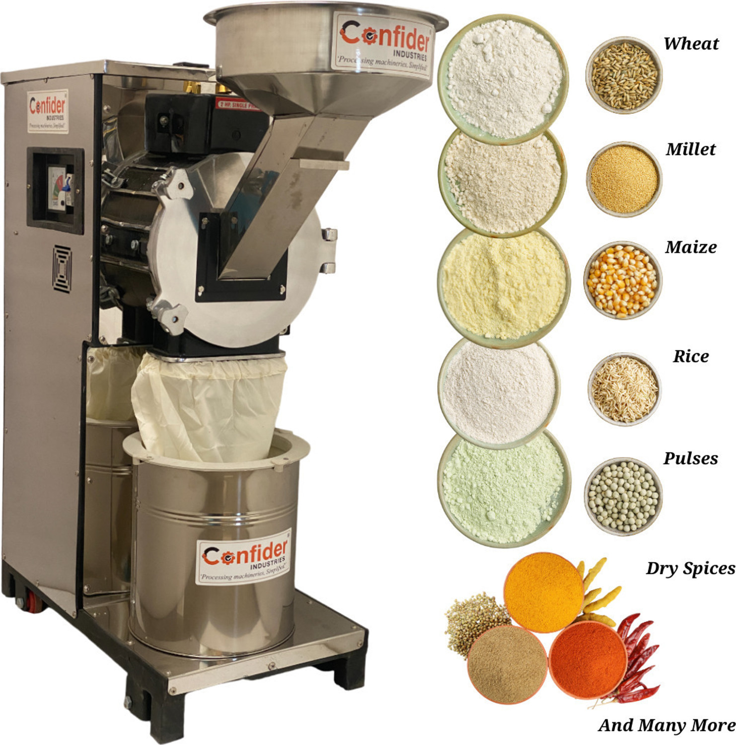 Image of Confider industries Ultrafine Pulveriser | Stainless Steel Body | With Rolling Wheels | 15 kg /hr | SS2in1 Pulverizer, 2HP, Flour mill, Atta chaki for Grains and Spices Flourmill