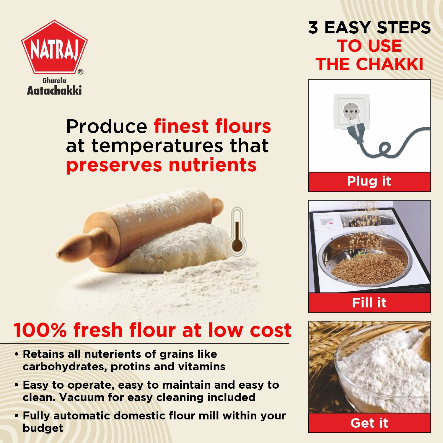 Image of Natraj Aatamaker Superb Atta Chakki Flour Mill with vaCuum Fully Automatic Domestic Ghar Ghanti 140 Flourmill