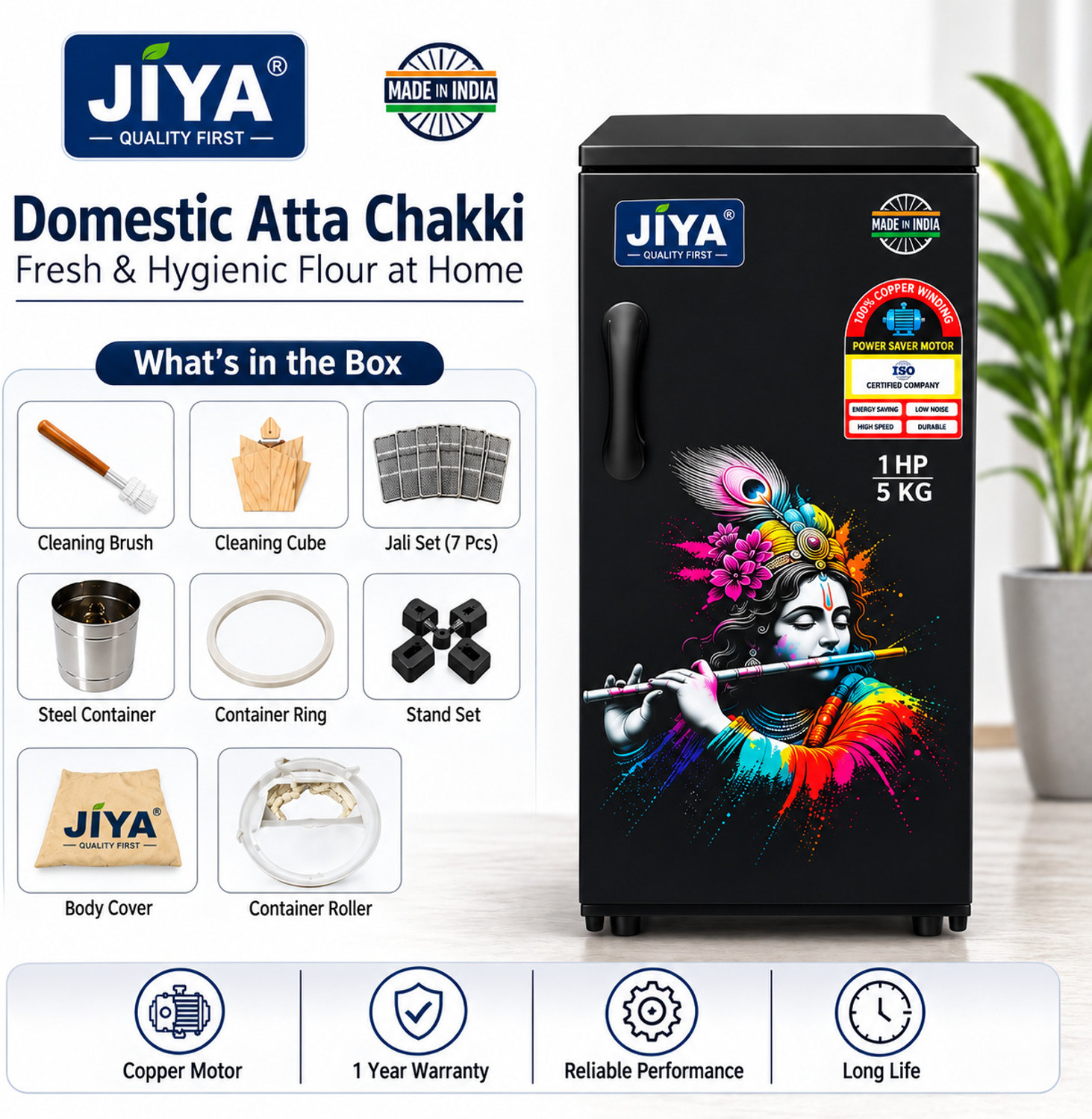Image of Jiya Automatic Atta Chakki for Home 1 HP | Domestic Flour Mill with 5 Kg Hopper | Multipurpose Grain Grinder Machinefor Home Flourmill
