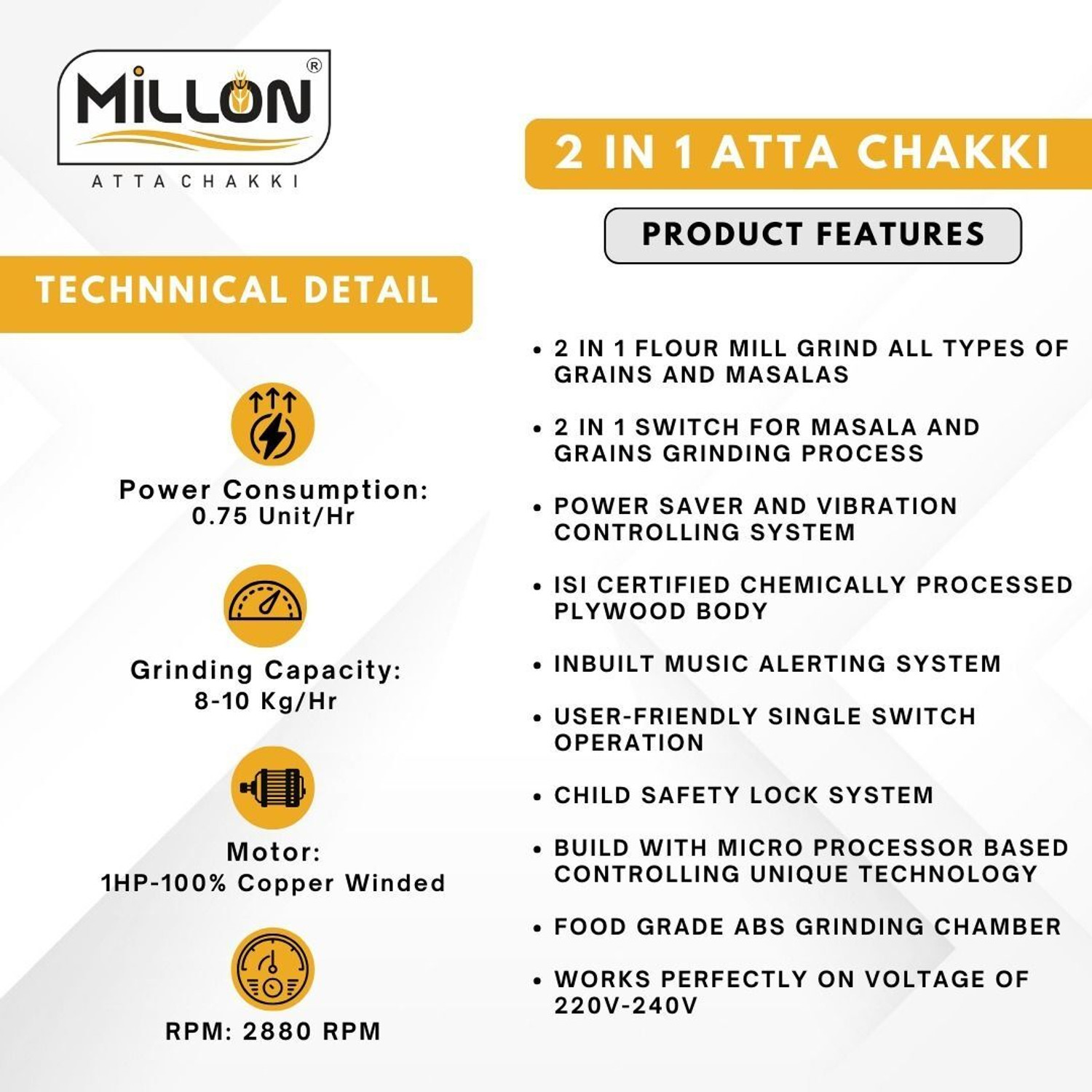 Image of MILLON 2in1 Domestic Flour Mill for Grains & Masalas, Atta Chakki-0.75 Unit /hr-1HP 2in1 Atta Chakki machine Domestic Flour Mill for Grains & Masalas-0.75 U /hr-1HP Flourmill