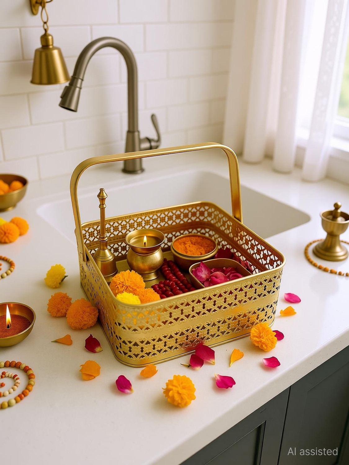 Image of gravity Golden Storage Basket for Kitchen Iron Flower Basket
