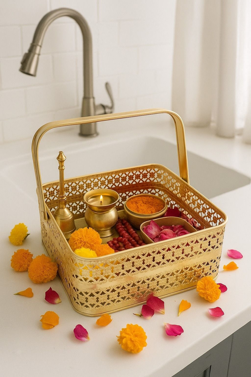 Image of gravity Golden Storage Basket for Kitchen Iron Flower Basket