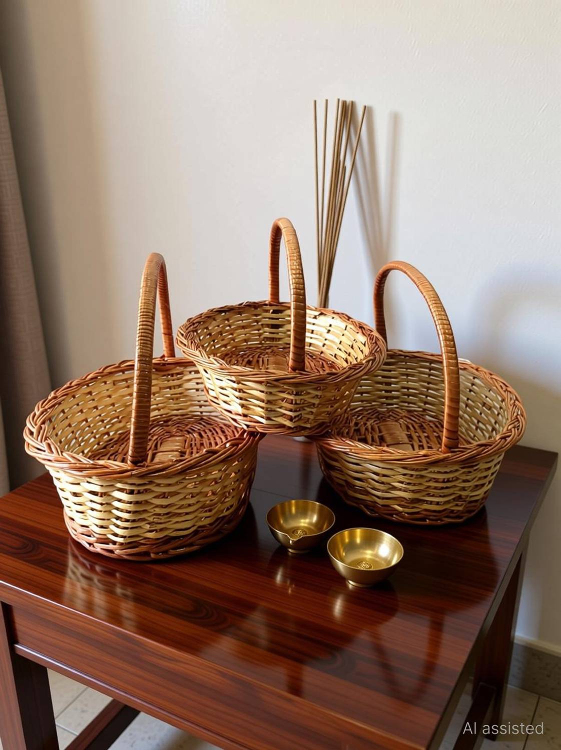 Aleena creations Oval Shape with handle Cane Wicker Basket Pooja Basket, Size _Set of 3 Bamboo Flower Basket