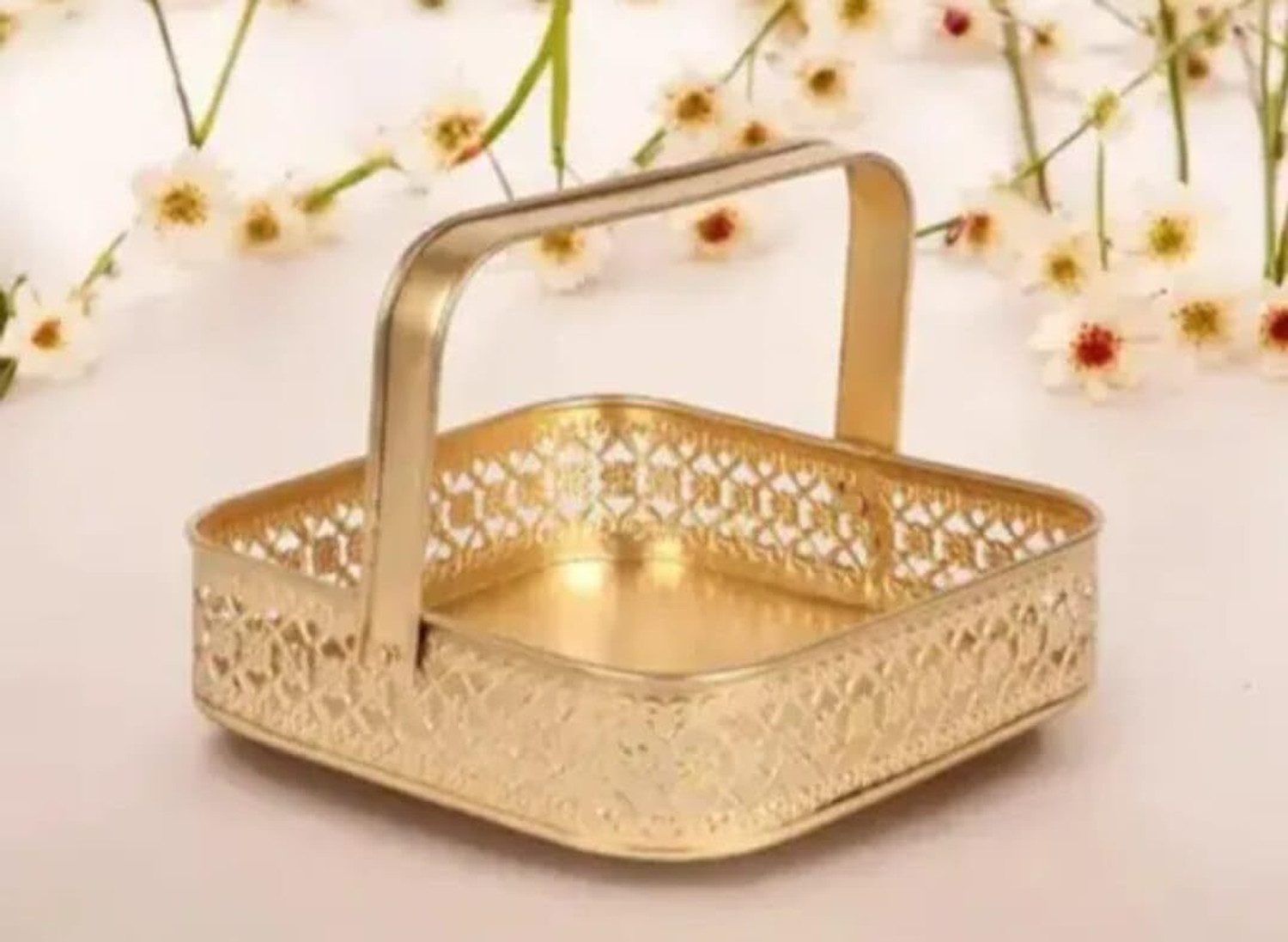 Image of gravity Golden Storage Basket for Kitchen Iron Flower Basket