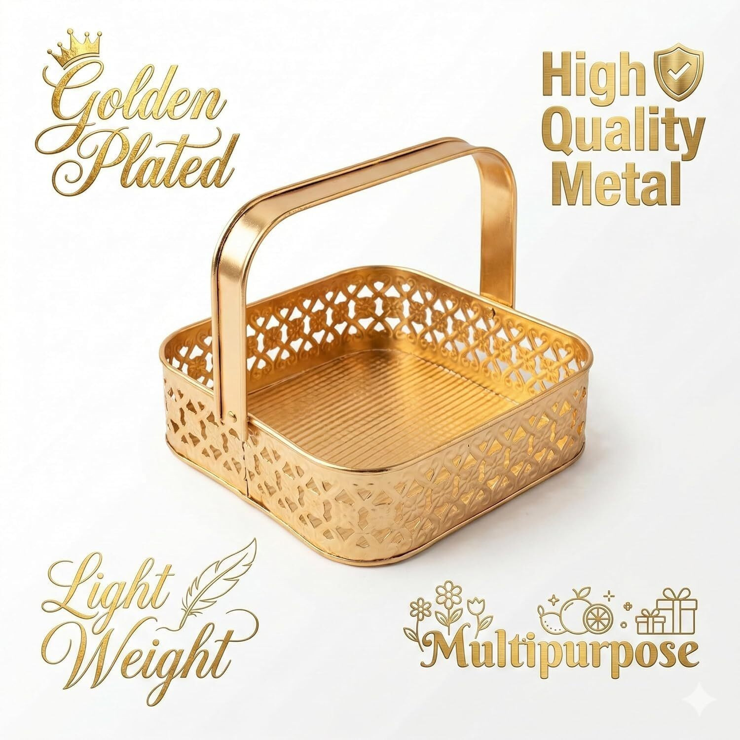 Image of gravity Golden Storage Basket for Kitchen Iron Flower Basket
