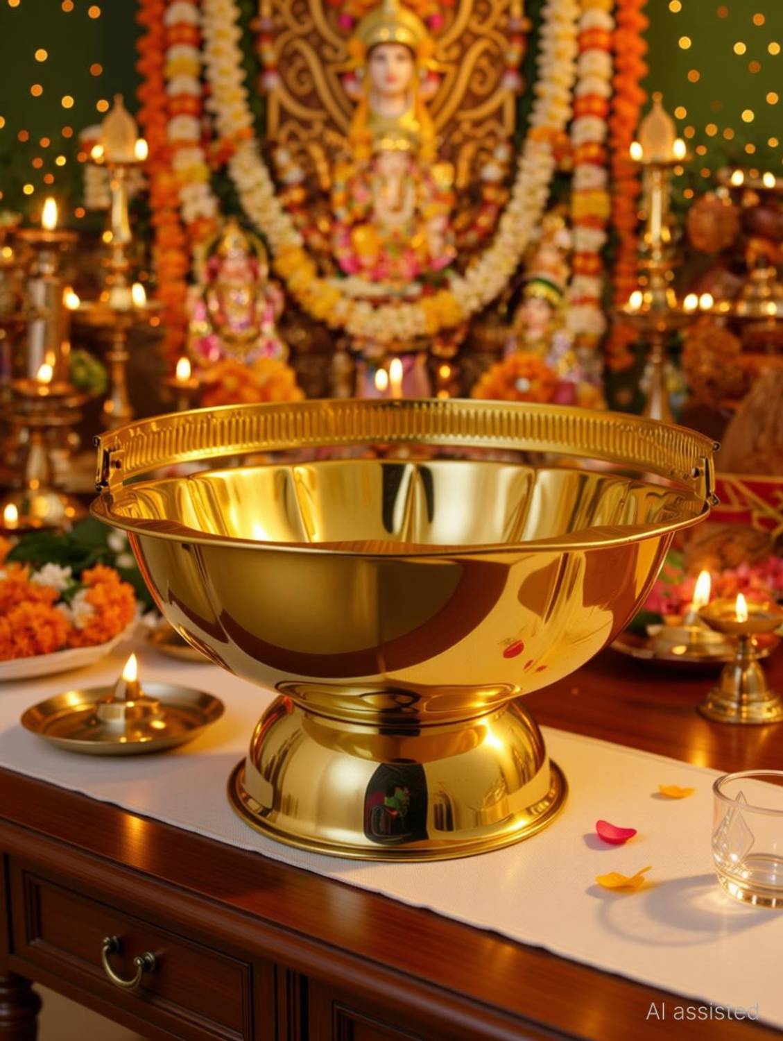 ANYRA'S TROVE Pure Brass Large pooja Lotus Flower Basket Brass Flower Basket