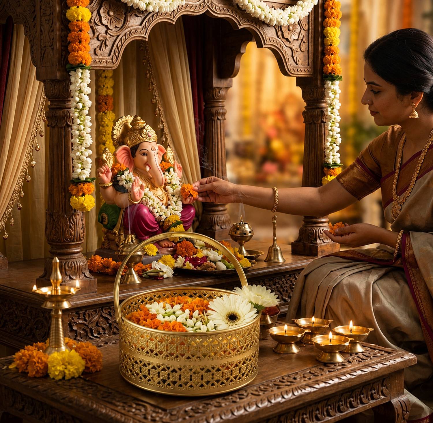 Griplt Golden Brass Pooja Basket - Image 3